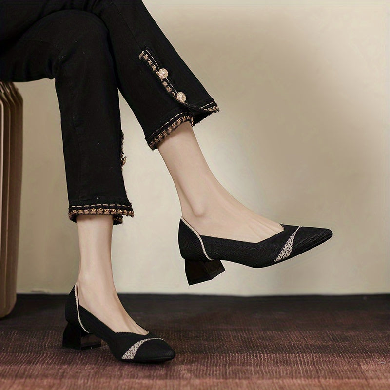Women's Chunky Heeled Knit Pumps Pointed Toe Slip on High Heels