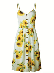 Sunflower Print Button Up Cami Shirt Dress Women's Plus Medium