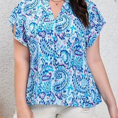 Boho Blouse Women's Paisley Print Ruffle Trim V Neck Blouse