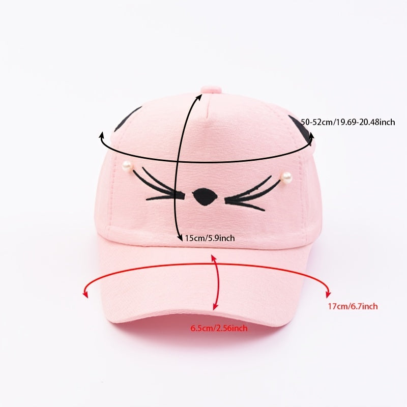 Girls Cat Embroidery Baseball Cap with Pearls Sun Protection Sunshade Hat