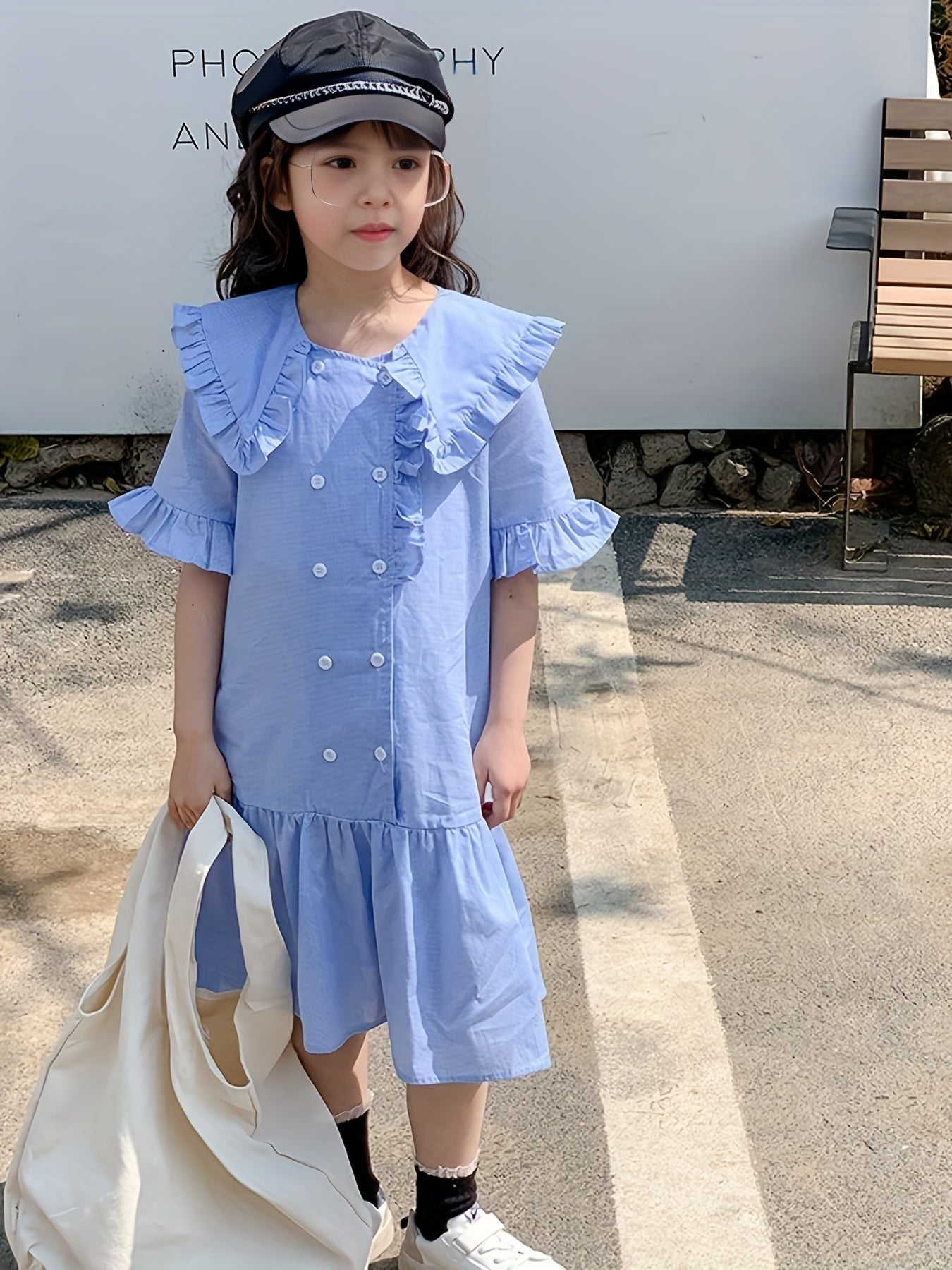 Girl's Cotton One piece Dress Button Decor Short Sleeve Crew Neck Dress