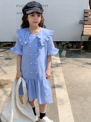 Girl's Cotton One piece Dress Button Decor Short Sleeve Crew Neck Dress