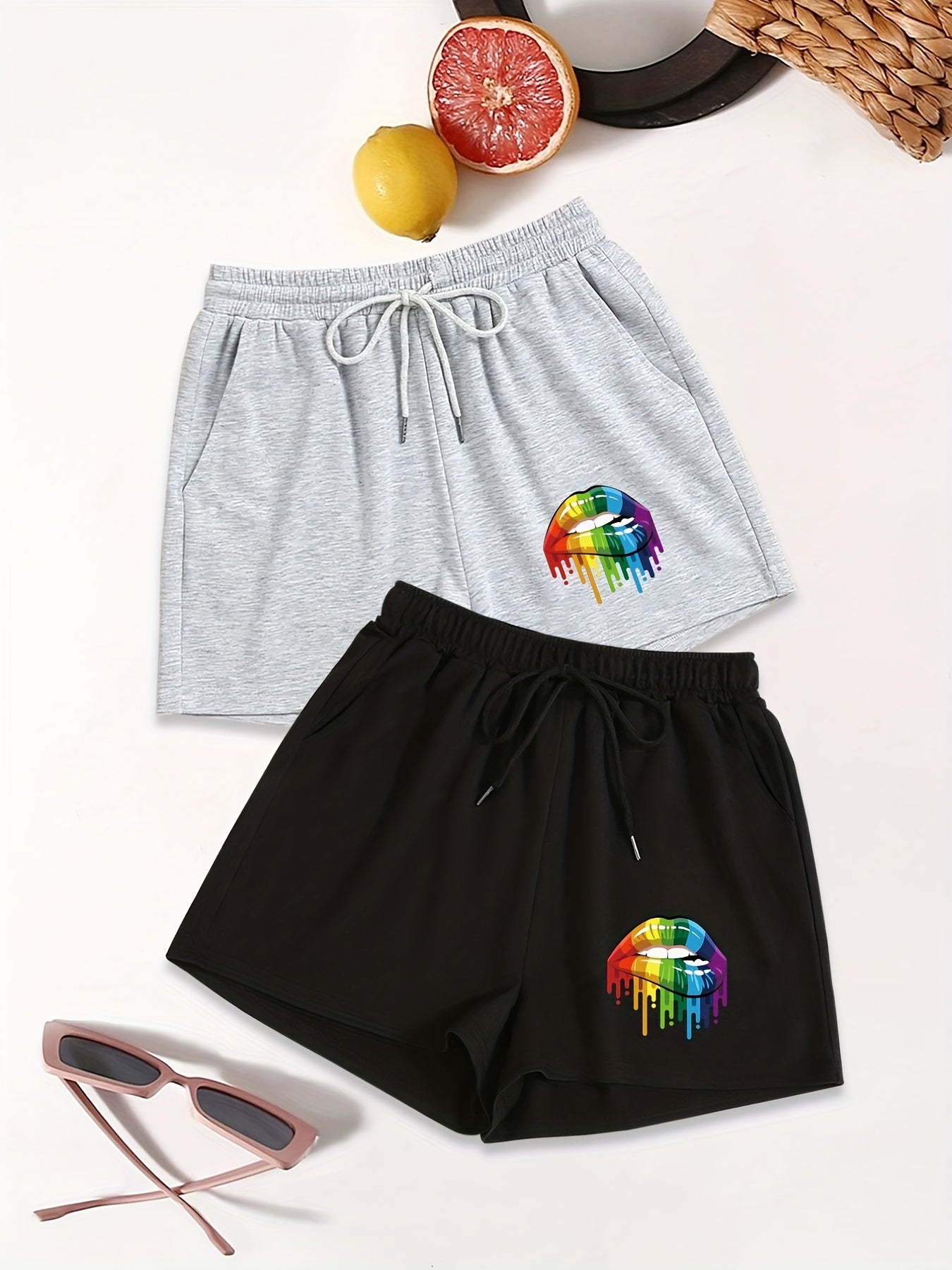 Colorful Lips Print Shorts 2 Pack Casual Drawstring Elastic Waist Shorts