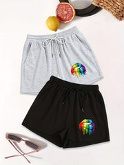 Colorful Lips Print Shorts 2 Pack Casual Drawstring Elastic Waist Shorts