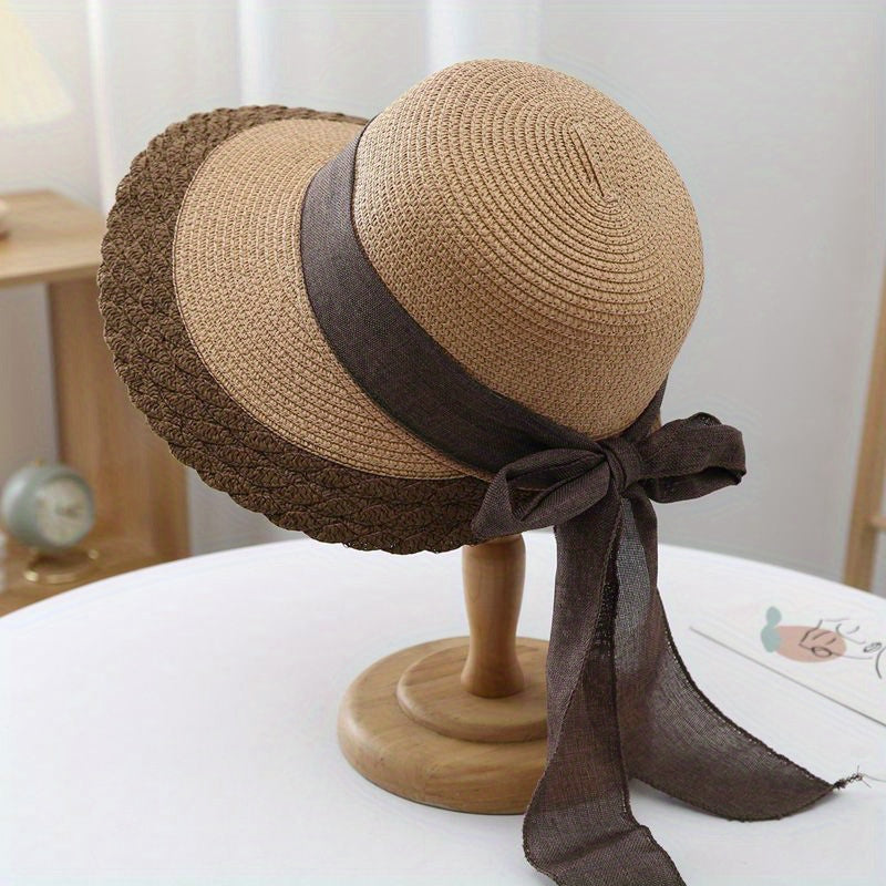 Wide Brim Straw Sun Hat Ribbon Bow Travel Beach Hat