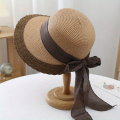 Wide Brim Straw Sun Hat Ribbon Bow Travel Beach Hat