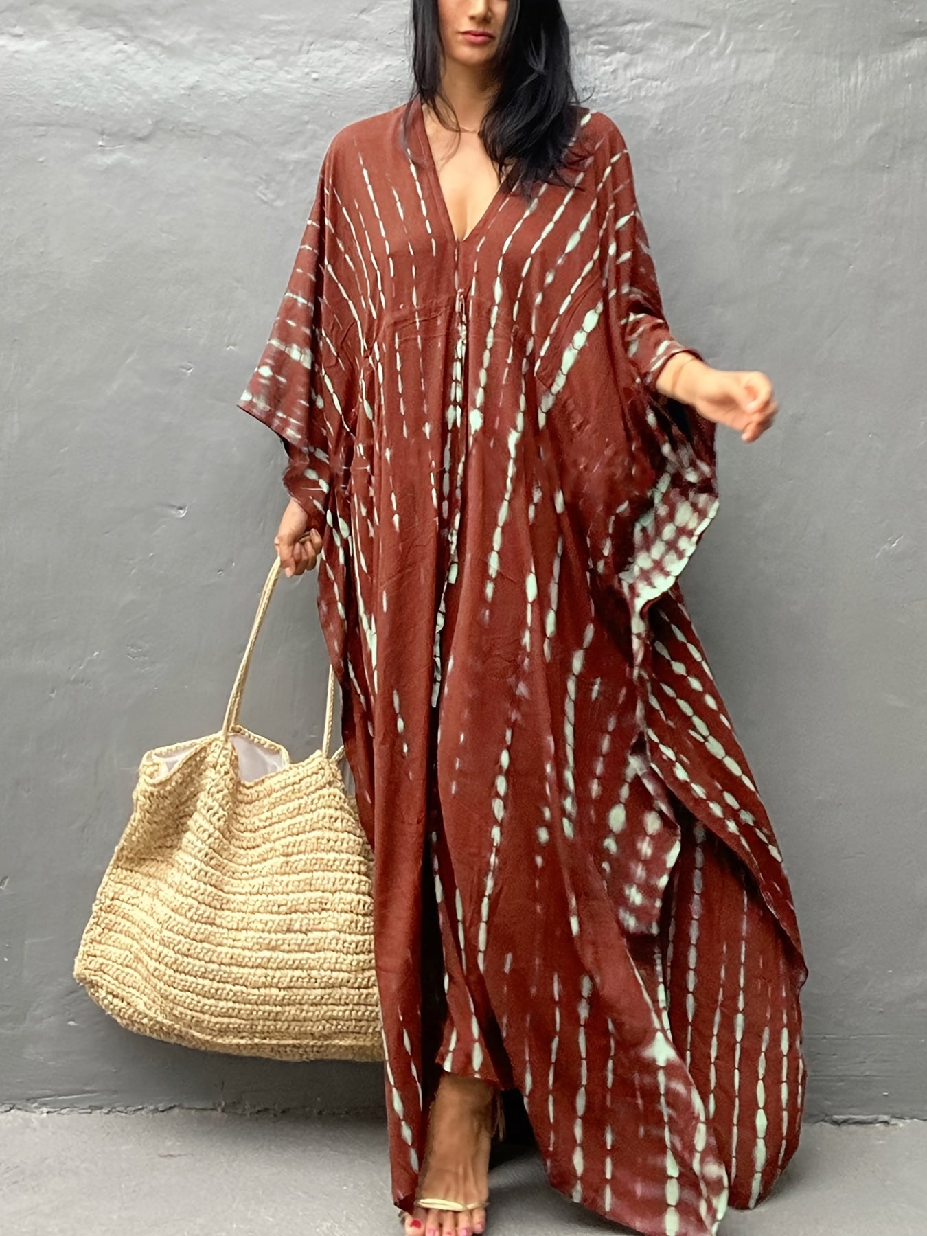 Tie Dye Cover Up Dress V Neck Loose Fit Beachwear Caftan