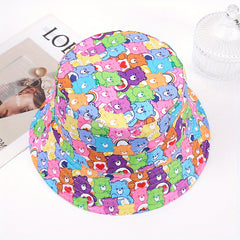 Cartoon Bear Print Bucket Hat Block Pink Basin Hat Lightweight Sun Shade Fisherm