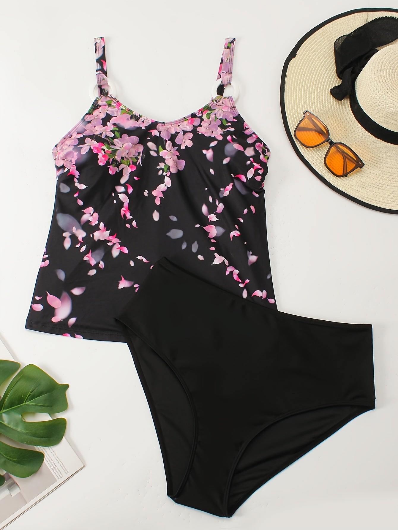 Floral Print Tankini Set Round Neck Cami Top & Panty Bathing Suit