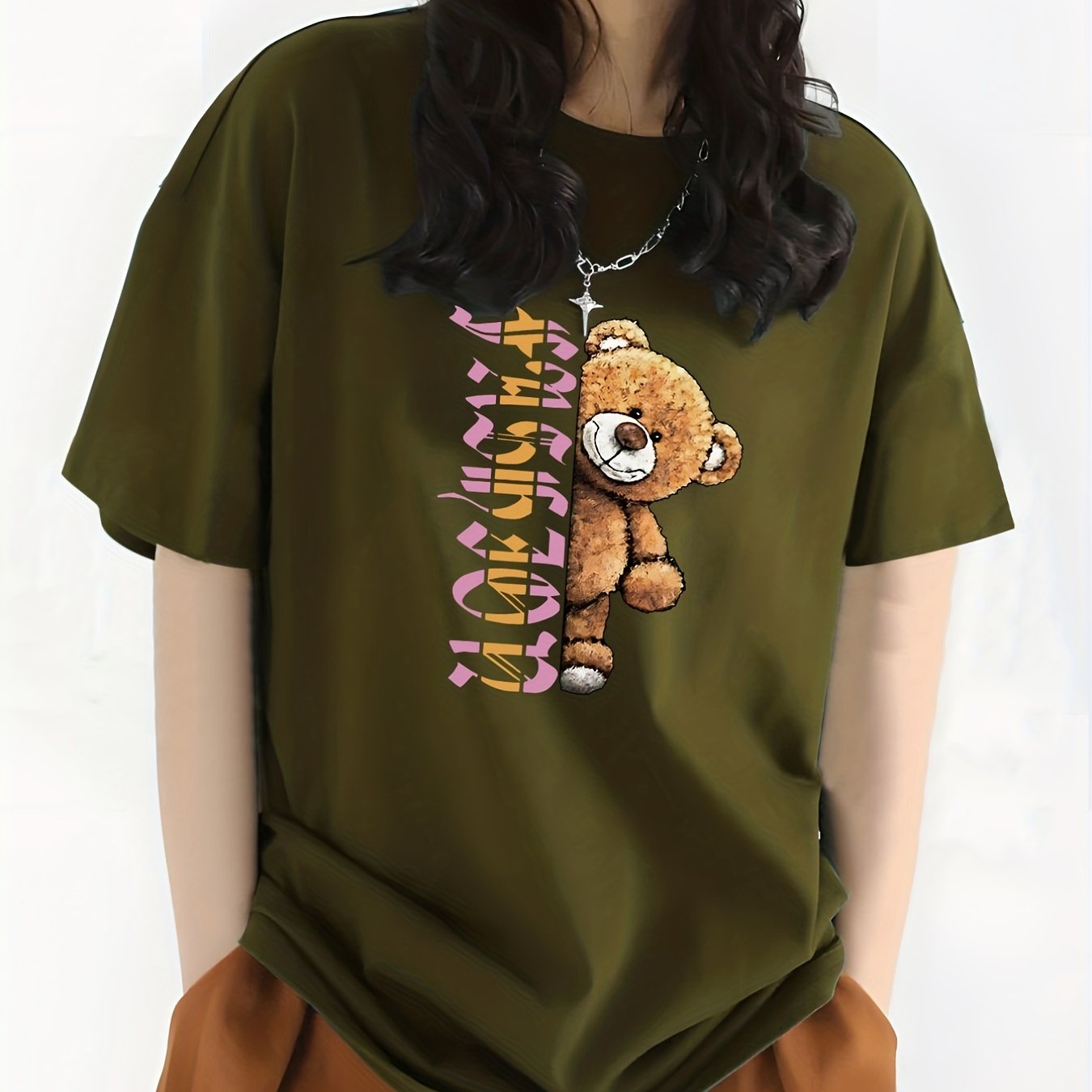 Letter & Bear Print Sports Top Crew Neck T shirt Women's Clothing