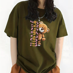 Letter & Bear Print Sports Top Crew Neck T shirt Women's Clothing