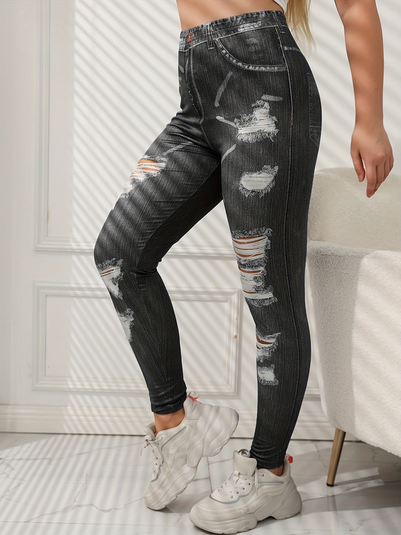 Denim Print Ripped Skinny Leggings Casual Stretchy Women's Clothing