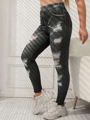 Denim Print Ripped Skinny Leggings Casual Stretchy Women's Clothing