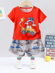Boys Cartoon Truck Print Pajama Set Crew Neck Short Sleeve Top & Shorts