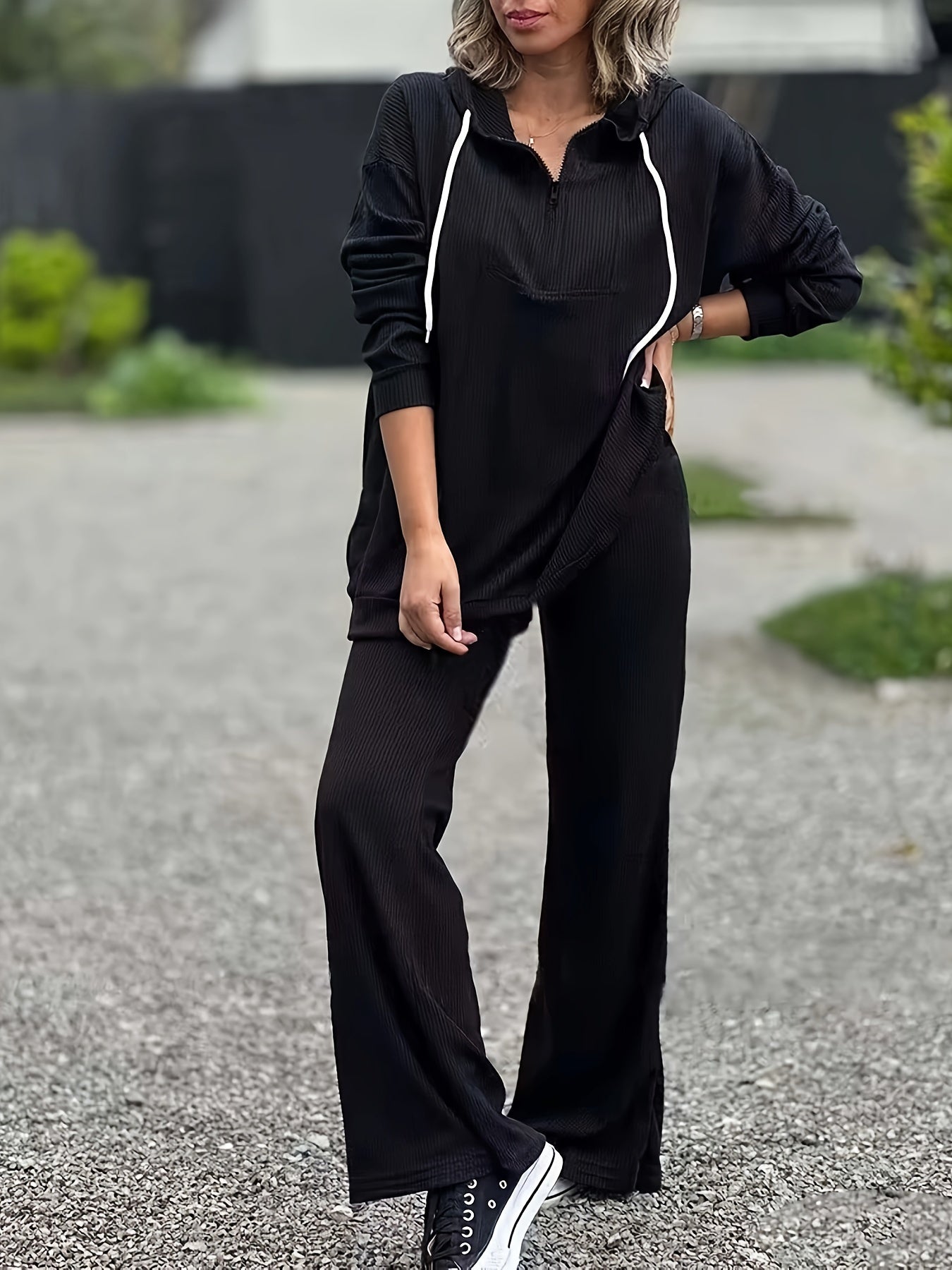 Solid Zip Up Hoodie & Flared Leg Pants 2 Piece Set
