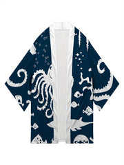 Japanese Octopus Pattern Kimono Jacket V Neck Short Sleeve Coat