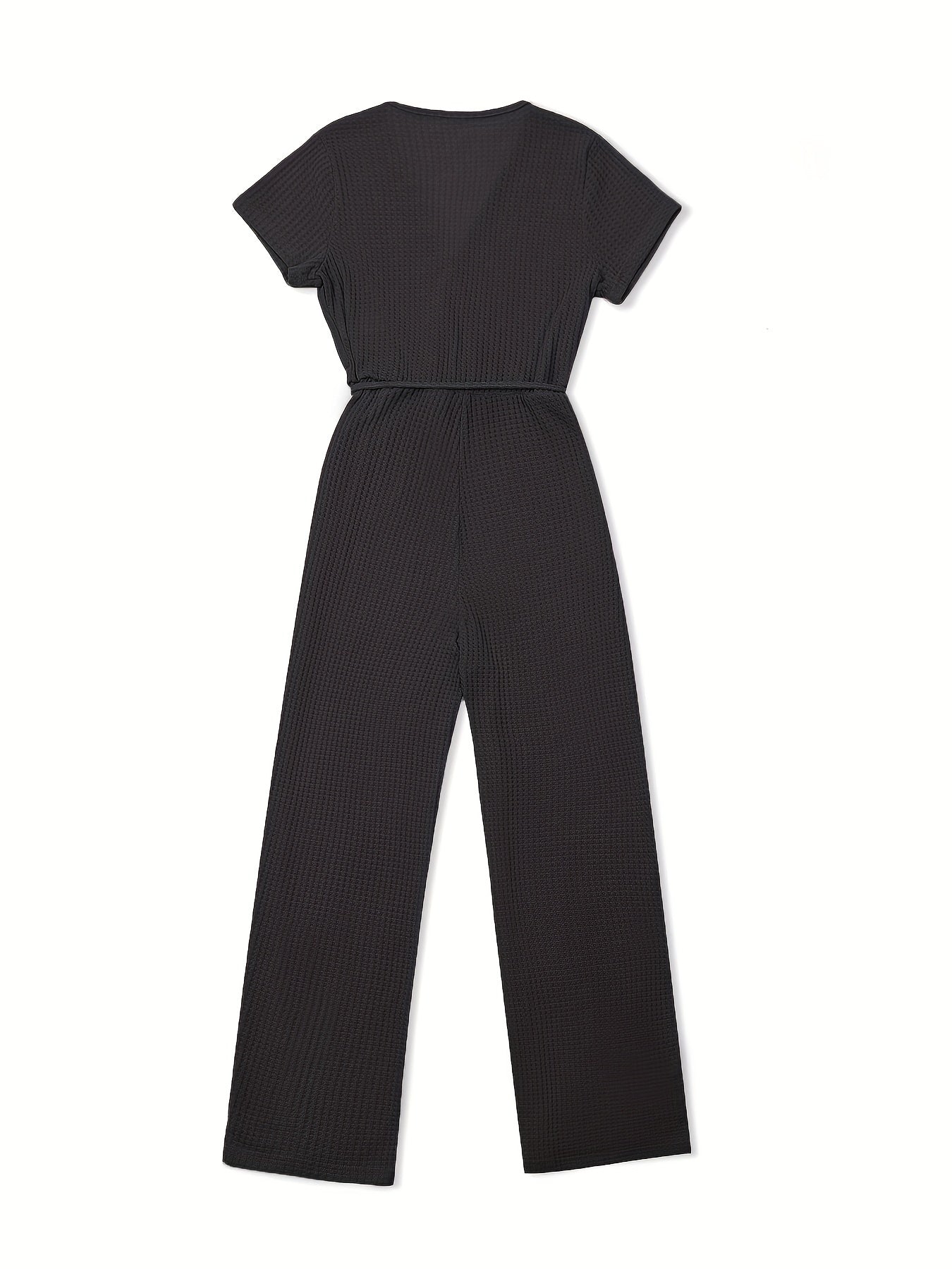 Solid Color Waffle V-Neck Jumpsuit with Tie Waist