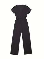 Solid Color Waffle V-Neck Jumpsuit with Tie Waist
