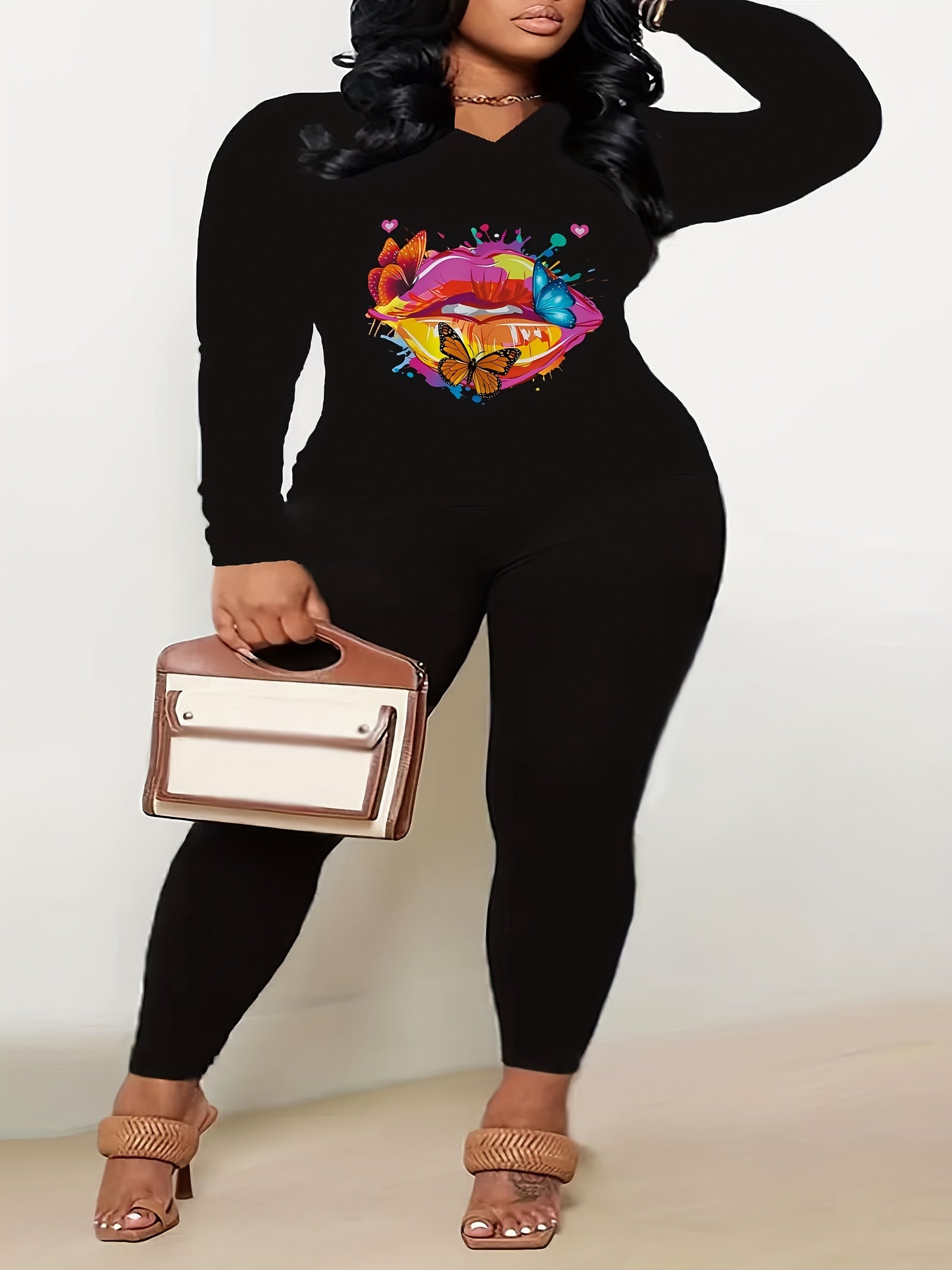 Lip & Butterfly Print Top & Leggings Set Long Sleeve V Neck