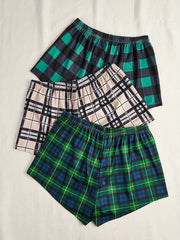 Casual Pajama Shorts Set Women's Plus Plaid Print 3pcs Set