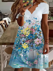 Boho Dress Women's Plus Floral Print Short Sleeve V Neck Scallop