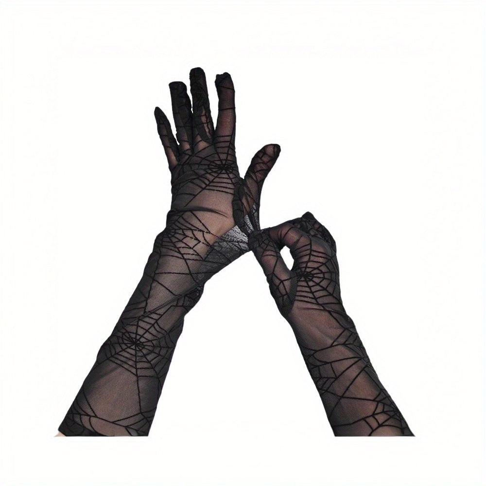 2pcs Halloween Cosplay Lace Up Long Gloves High Sheer Mesh Stretchy Polyester