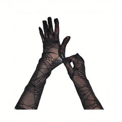 2pcs Halloween Cosplay Lace Up Long Gloves High Sheer Mesh Stretchy Polyester