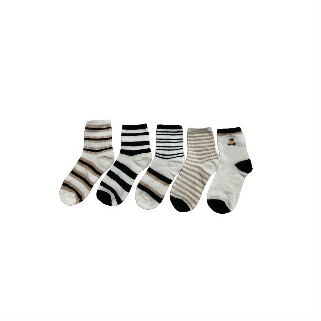 5 Pairs Teen Striped Crew Socks Breathable Cotton Comfy Casual Style Unisex