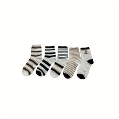 5 Pairs Teen Striped Crew Socks Breathable Cotton Comfy Casual Style Unisex