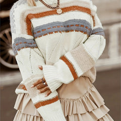 Casual Sweater Women's Plus Colorblock Stripe Print