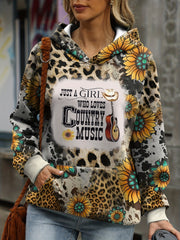 Cowboy Music & Sunflower Print Long Sleeve Hoodie