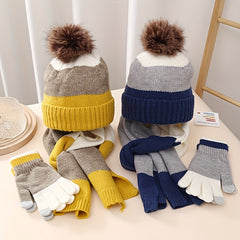 Boys Winter Warm Set Plus Velvet Knitted Hat Scarf Gloves