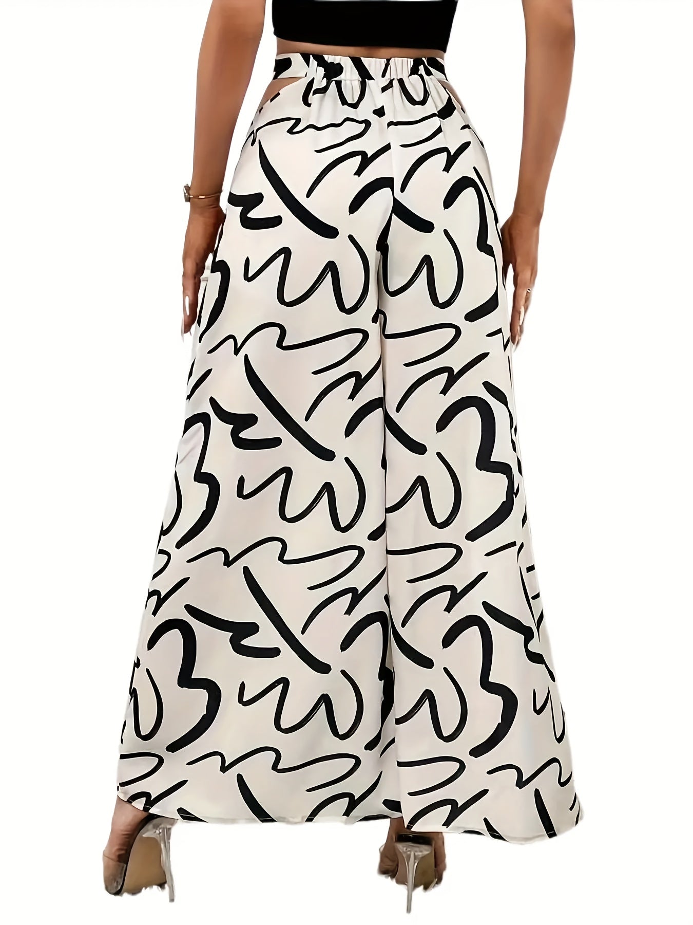 Abstract Print Cut Out Wide Leg Pants Casual Loose Pants
