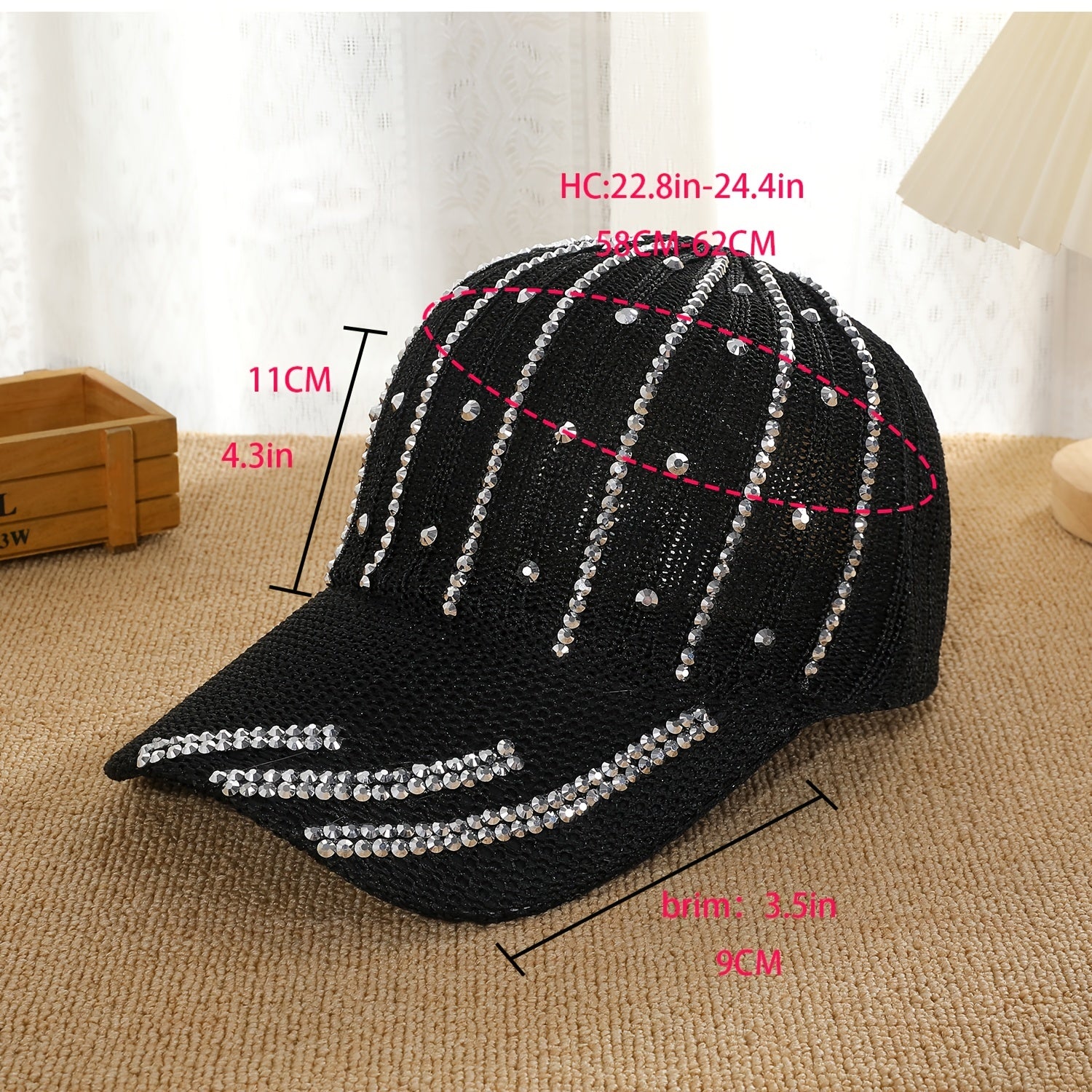 Rhinestone Decor Knitted Baseball Cap Hollow Solid Dad Hat Casual