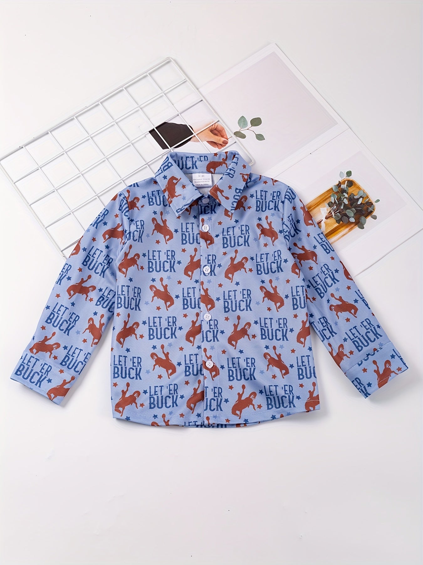 Boys Letter Horse Full Print Long Sleeve Button Down Shirt