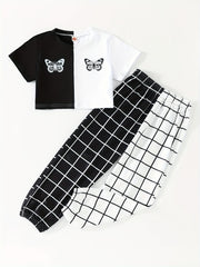 Girls Butterfly Graphic T shirt & Plaid Pants Kids Summer Clothes Set