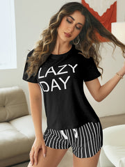 Letter Print Pajamas Set Short Sleeve Crew Neck Top & Striped Shorts
