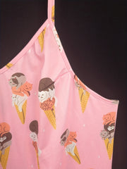 Lounge Dress Women's Plus Cat Ice Cream Print V Neck Nightdress
