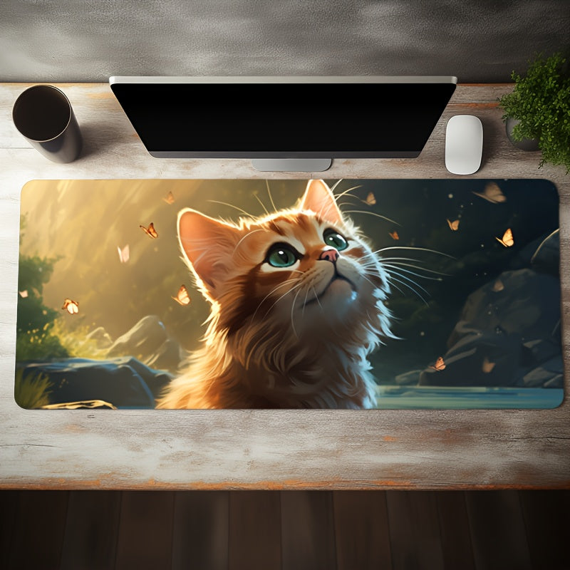 Cat Butterfly Long Mouse Pad for Game Office Non-slip