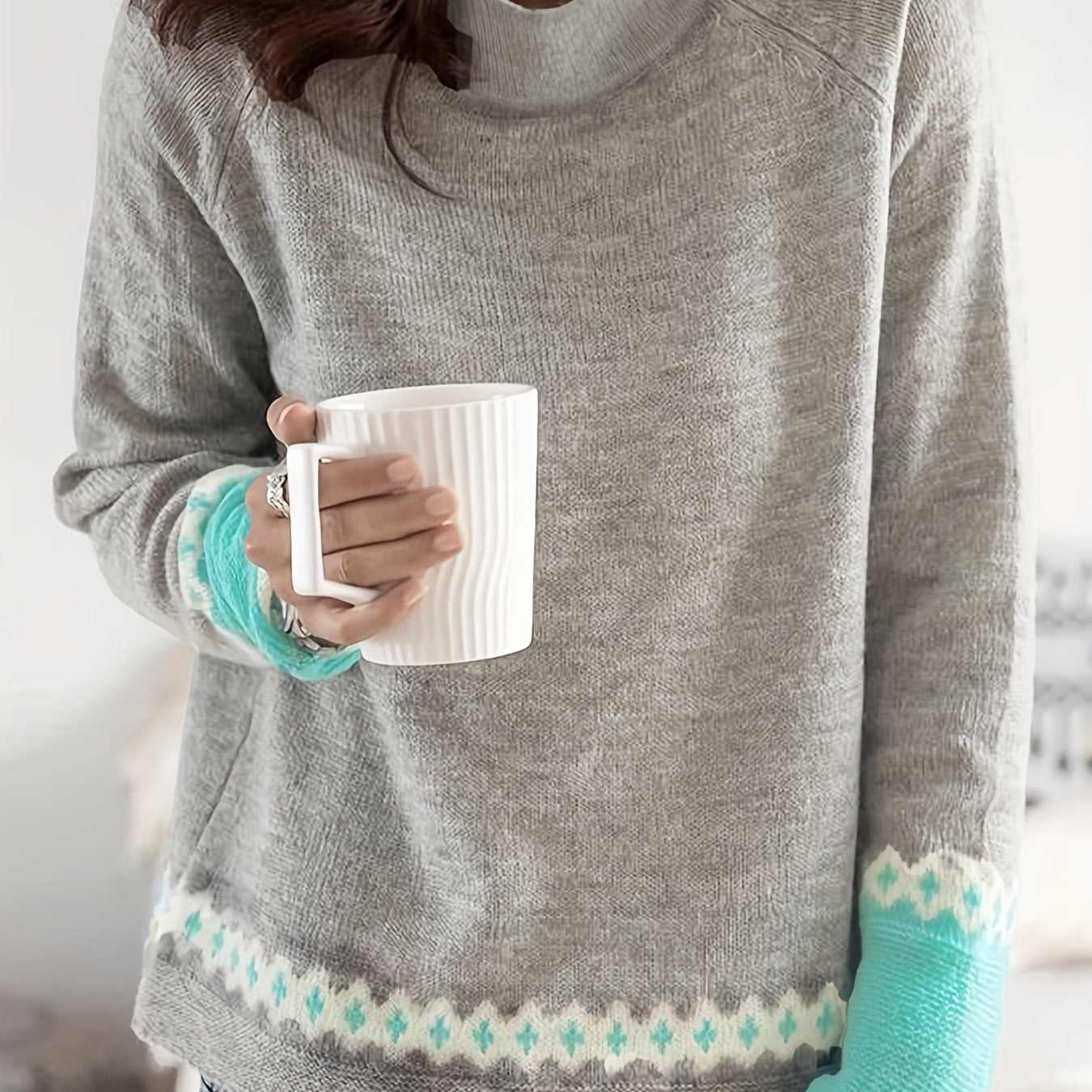 Block Mock Neck Pullover Sweater Casual Long Sleeve Raglan Shoulder