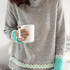 Block Mock Neck Pullover Sweater Casual Long Sleeve Raglan Shoulder
