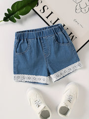Girls' Lace Embroidery Denim Shorts for Summer