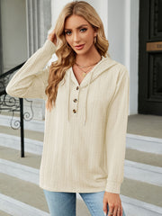 Textured Drawstring Button Front Hoodie for Women