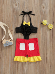Toddler Girls Bow Cut Out Ruffle Trim Halter One Piece Swimsuit