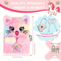 Girl Cat Diary with Lock and Key Tie Dye Plush Flocked Cover Star Cat Pink