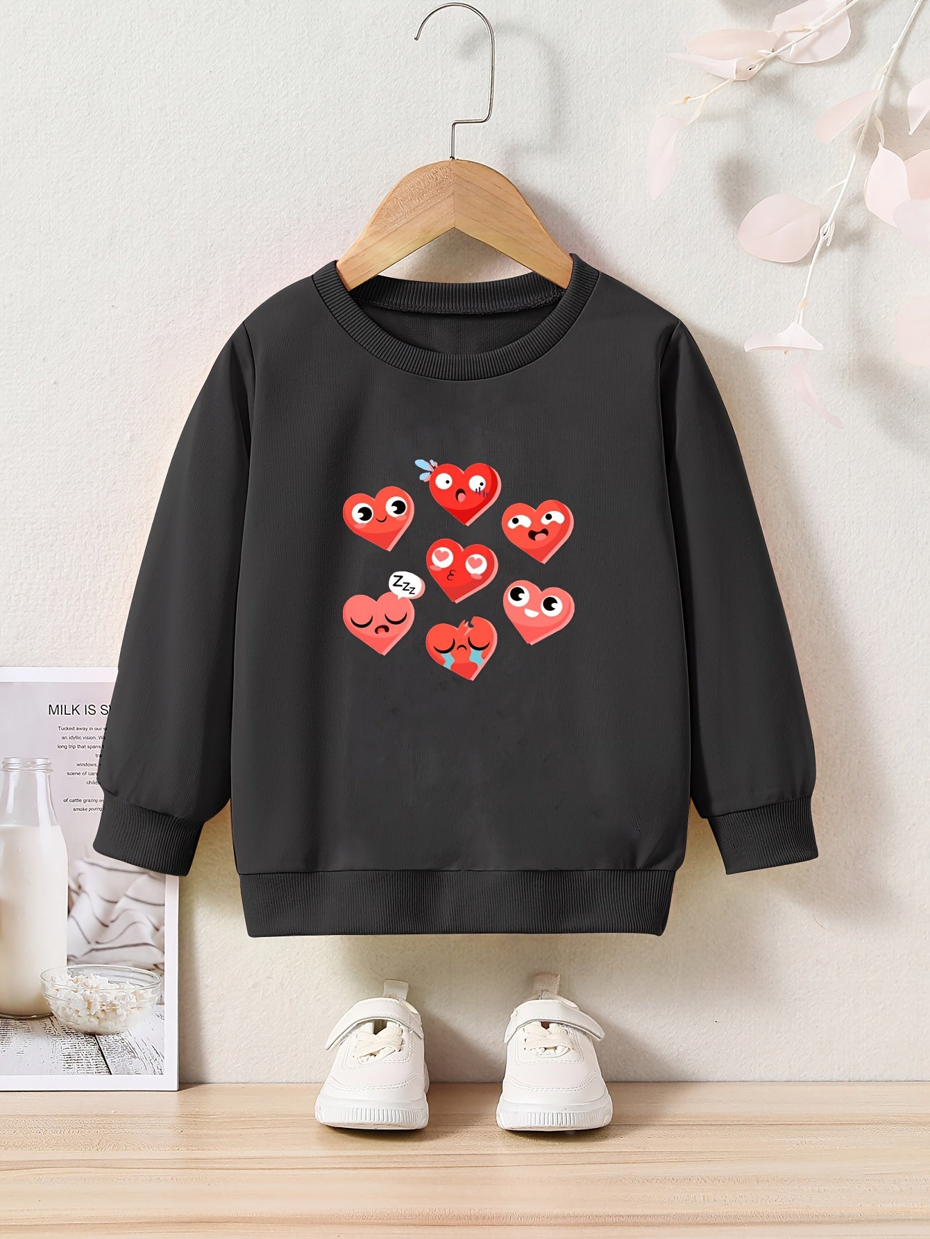 Hearts Print Girls Casual Pullover Sweatshirt Long Sleeve Crew Neck Tops