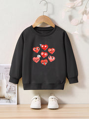 Hearts Print Girls Casual Pullover Sweatshirt Long Sleeve Crew Neck Tops