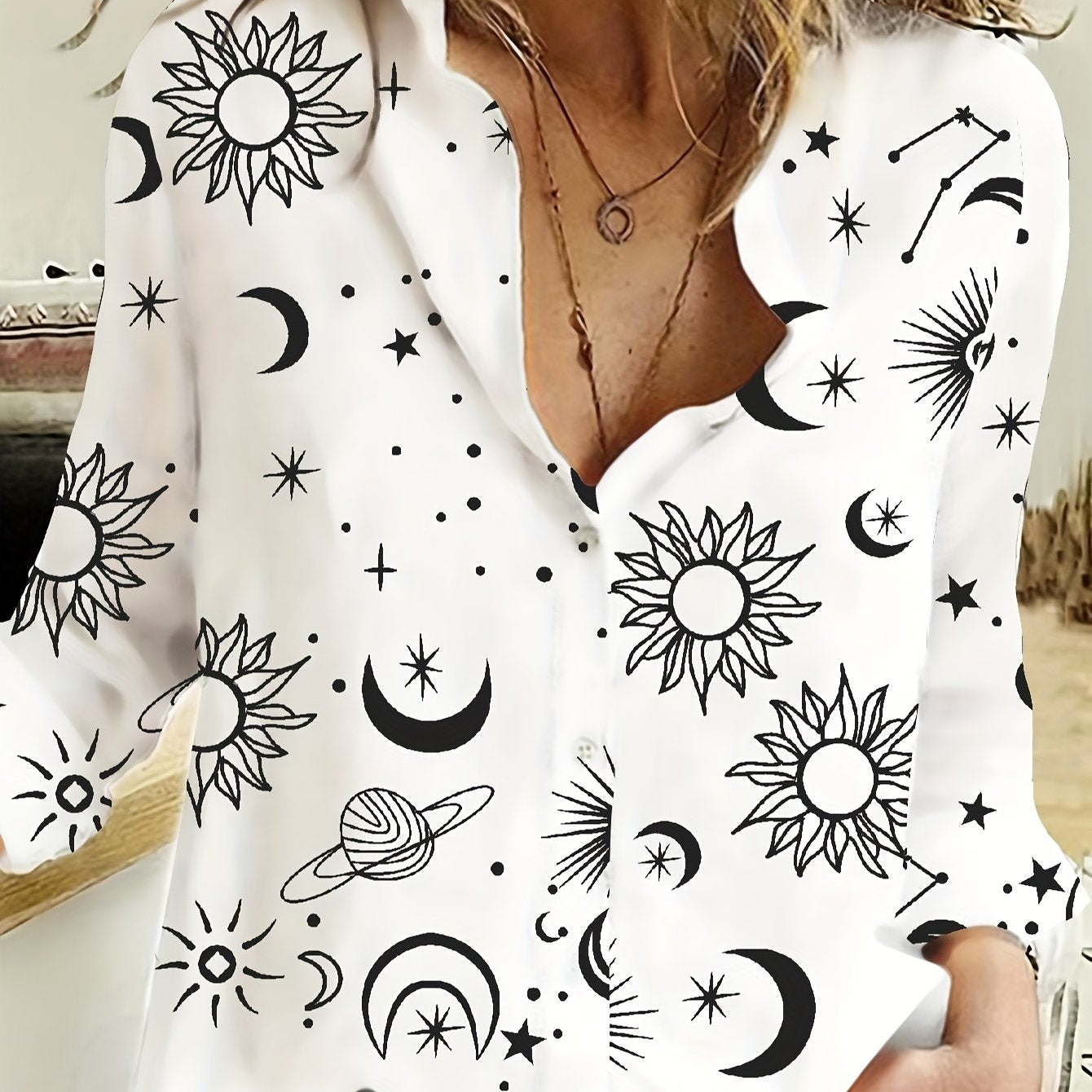 Sun & Moon Print Long Sleeve Button Up Collar Shirt