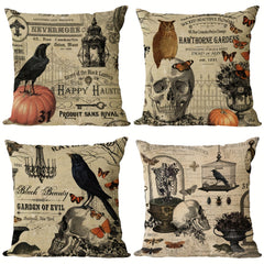 Halloween Linen Blend Pillow Case Skeleton Pumpkin Crow Square Cushion Cover