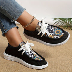 Print Round Toe Flat Lace Up Canvas Shoes